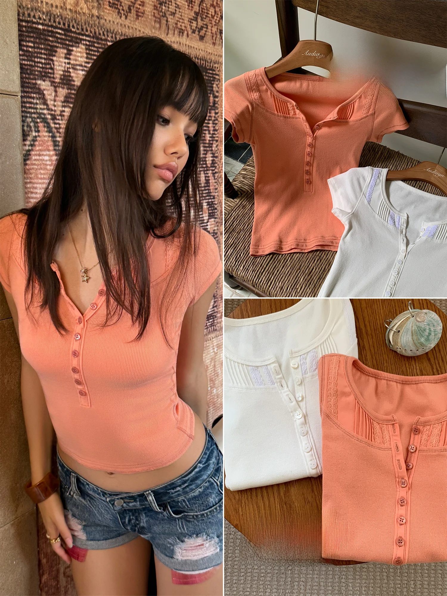 Audwyn round Neck Splice Short Sleeve T-Shirt Women's Slim Fit Summer New Style Single Button Shoulder Level Outerwear Top