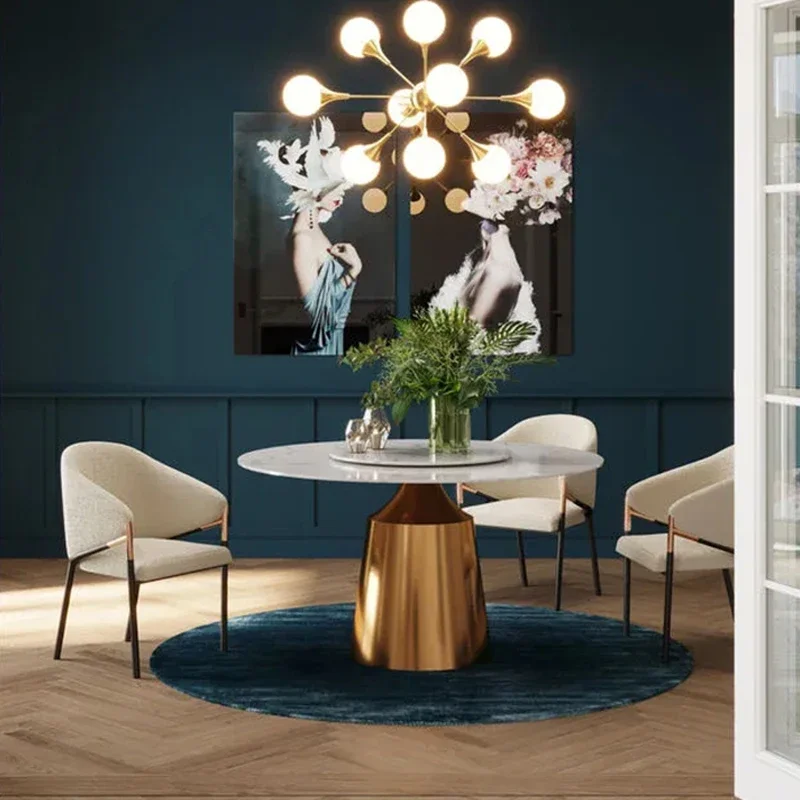 

Italian style light luxury villa natural stone stainless steel dining table marble rock slab Customized size round dining table