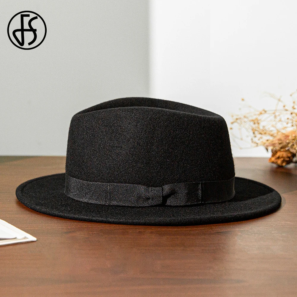 FS French Gentleman Black Jazz Hats for Men With Ribbon Panama Cap Wool Felt Fedoras Wedding Party Trilby Hat Women Unisex