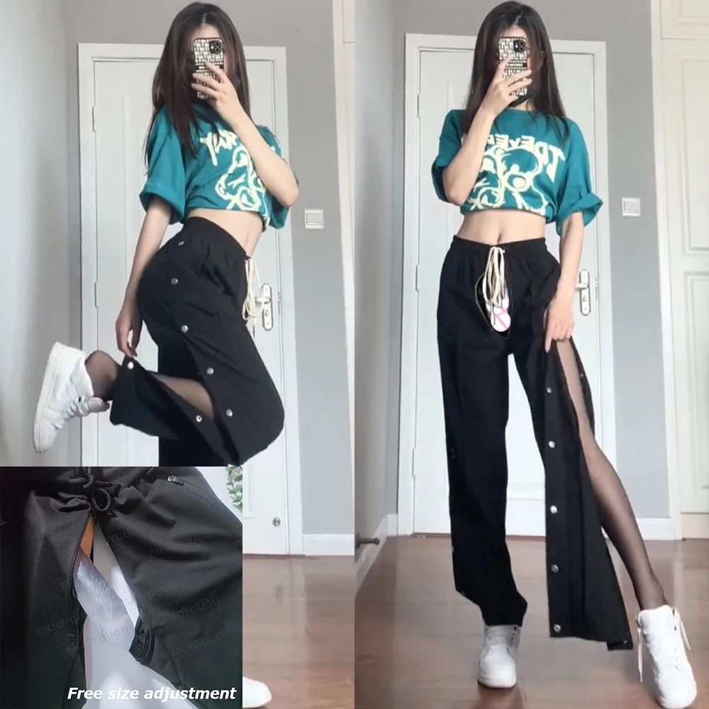 

Open Crotch Outdoor Sex High Street Pants Women's Summer Thin Loose All-Match Sports Sexy Casual Row Button Pant Wide Leg Pants