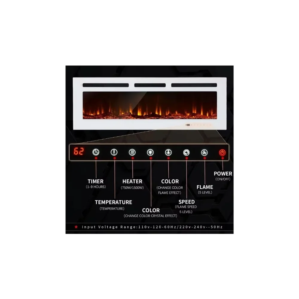 50 inch Wide Recessed/Wall Mounted Electric Fireplace, Remote Control with Timer 12 Adjustable Color Flame, White