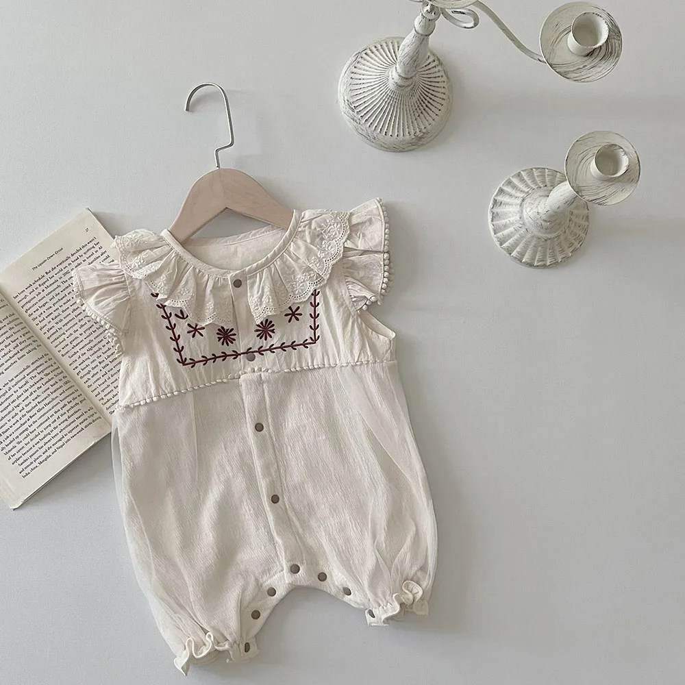 Newborn Baby Clothes  0-2Y Baby Girls Clothes Single Breast Toddler Rompers Lace Collar Jumpsuits Flare Sleeve Outfit