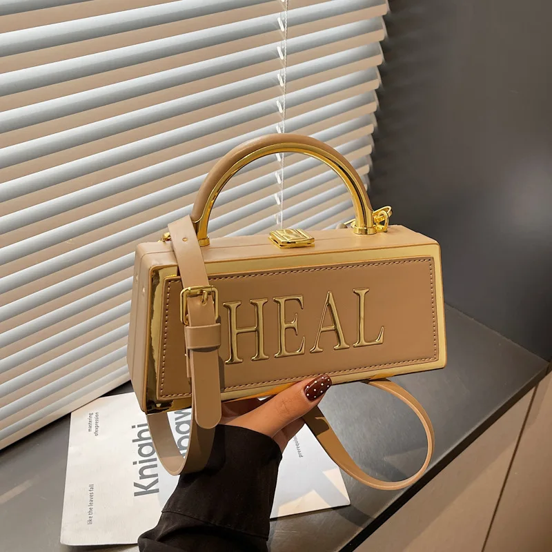 

2026 New Arrival Luxury Boxy Handbag for Women PU Leather with Gold HEAL Letter Top Handle Clutch Bag Detachable Shoulder Strap