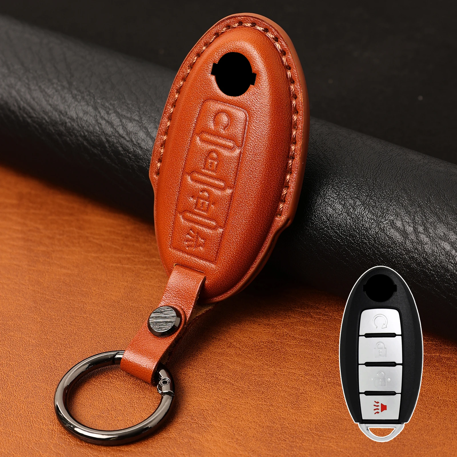 

For Nissan Frontier Kicks Altima Maxima Murano Pathfinder Genuine Leather Car Key Fob Ring Remote Case Cover Protector 4 Button