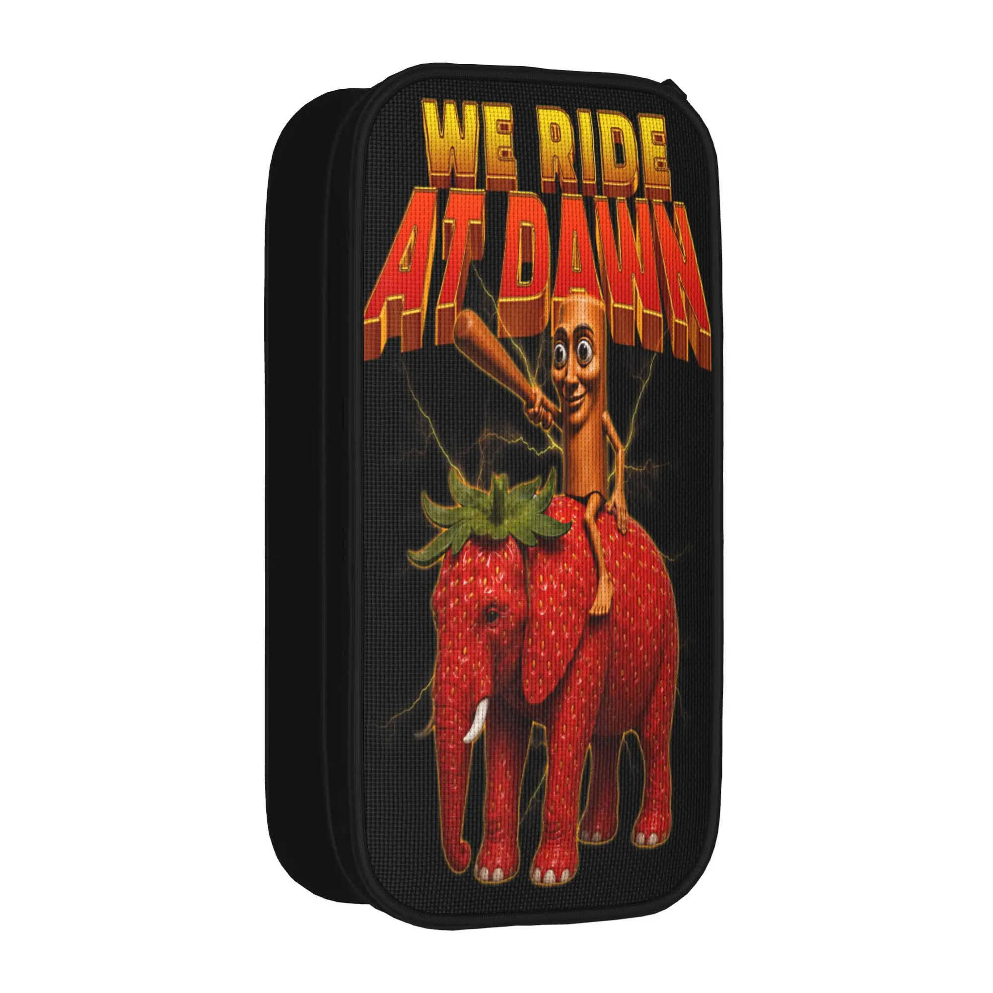 We Ride At Dawn Tung Sahur Riding Strawberry Elephant Meme Pencil Case Pencil Bag Boy Girl Zipper Vintage School Pencil Cases