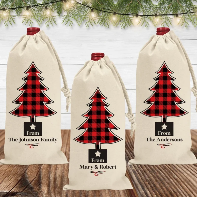 personalized Christmas Wine Bag Custom Holiday Wine Gift Bags  Plaid Tree Gift Bags for Champagne Alcohol Bottles Christmas item