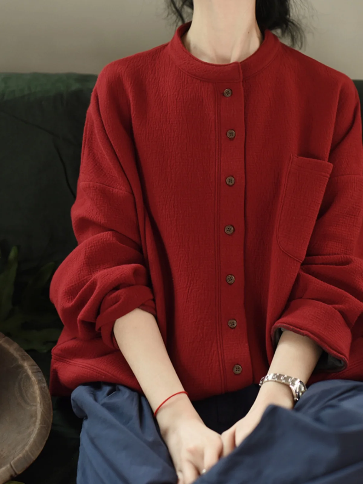 Loose Fit Textured Cotton Jacket LRCP Time Memories Women's Commute Style Button Detail Long Sleeve Regular Length Coat