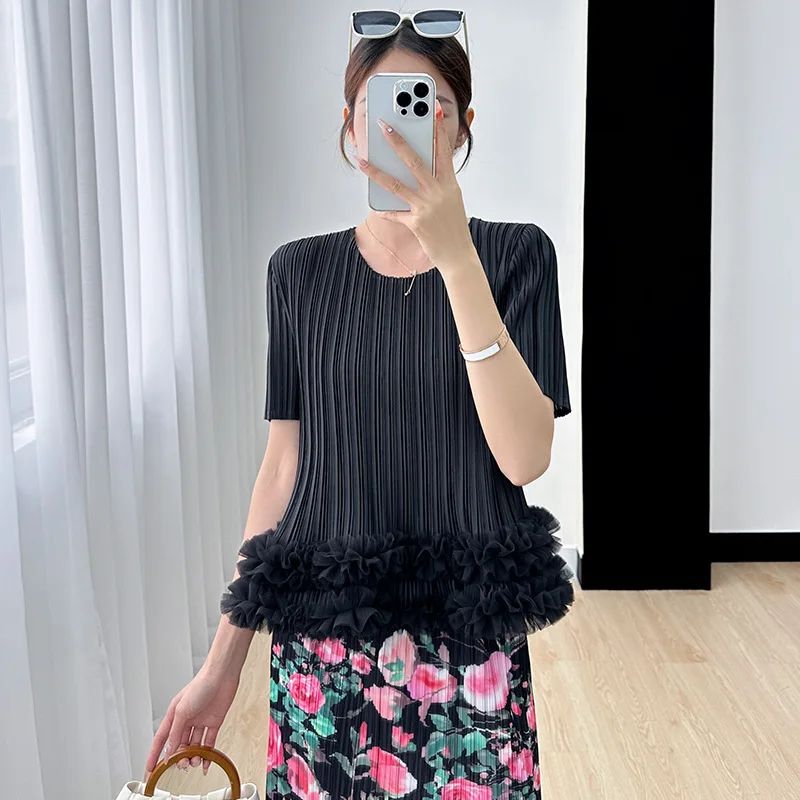 Miyake High-end Gentle and Fashionable Tops for Women Slimming 2023 New Summer Fashion Versatile Pleated T-shirts for Women