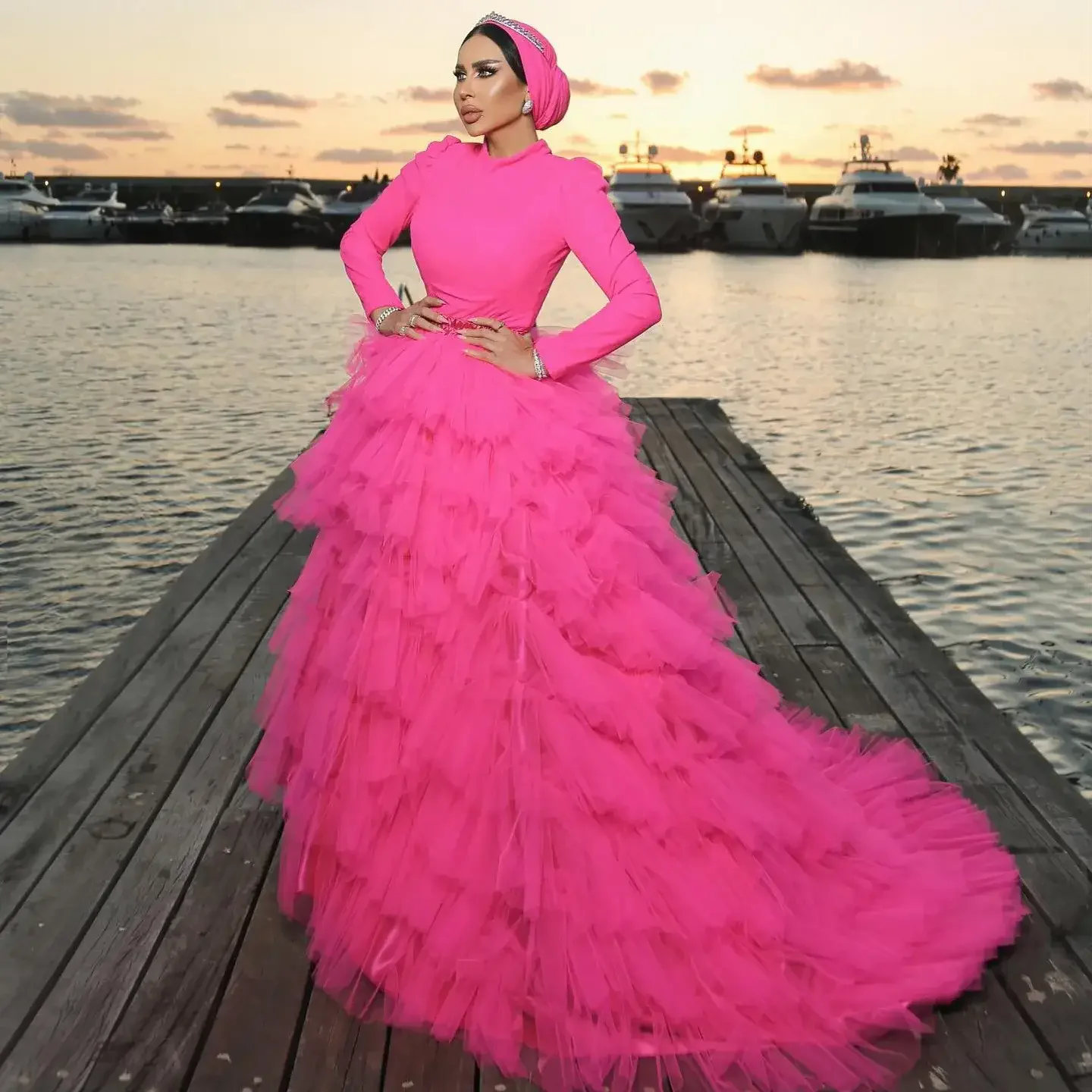 

Hot Pink Layered Tulle Evening Maxi Skirt Elastic Waist Tiered Ruffle Mesh Long Wedding Skirts Bridal Shower Shoot Tutu Skirt