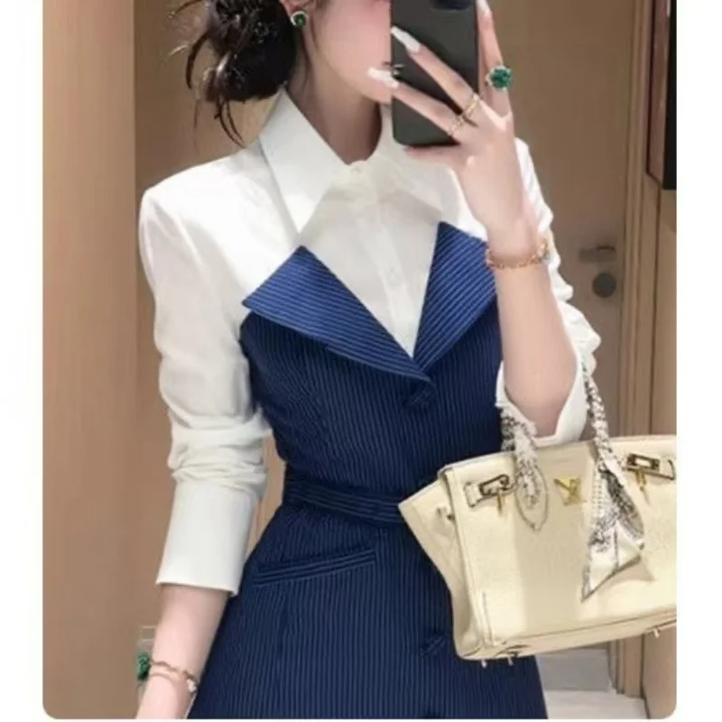 جديد مكان العمل فستان جميل المرأة الخريف بولو كم طويل سليم ألف خط فساتين صغيرة تصميم مخطط وهمية قطعتين فستان قميص #5