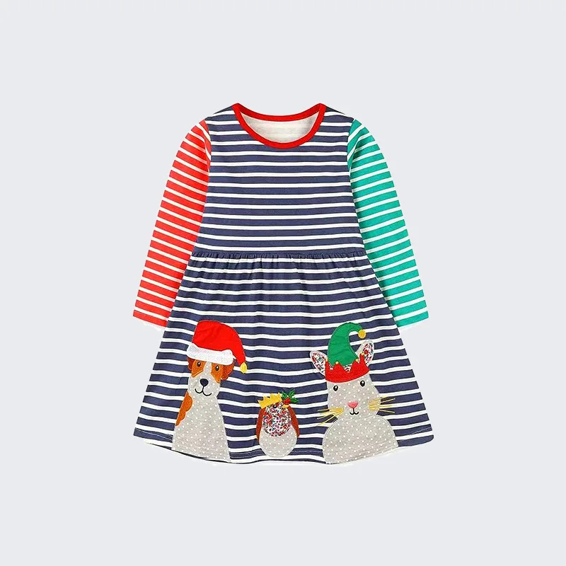 

Autumn Style Girls' Dress Christmas Cartoon Animal Patchwork Dress for Toddlers and Young Children Striped Long Dress