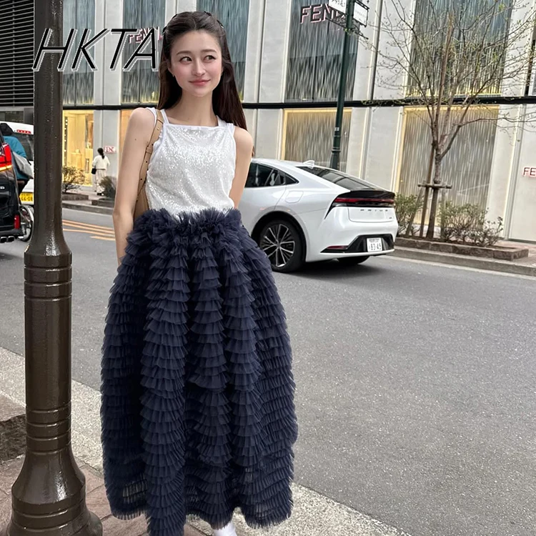 Japanese Heavy Industry Layered Mesh Elastic Waist Tutu Skirt Elastic High  Waist Loose Long Cake Skirt Summer New Faldas Ladies - AliExpress 200000345