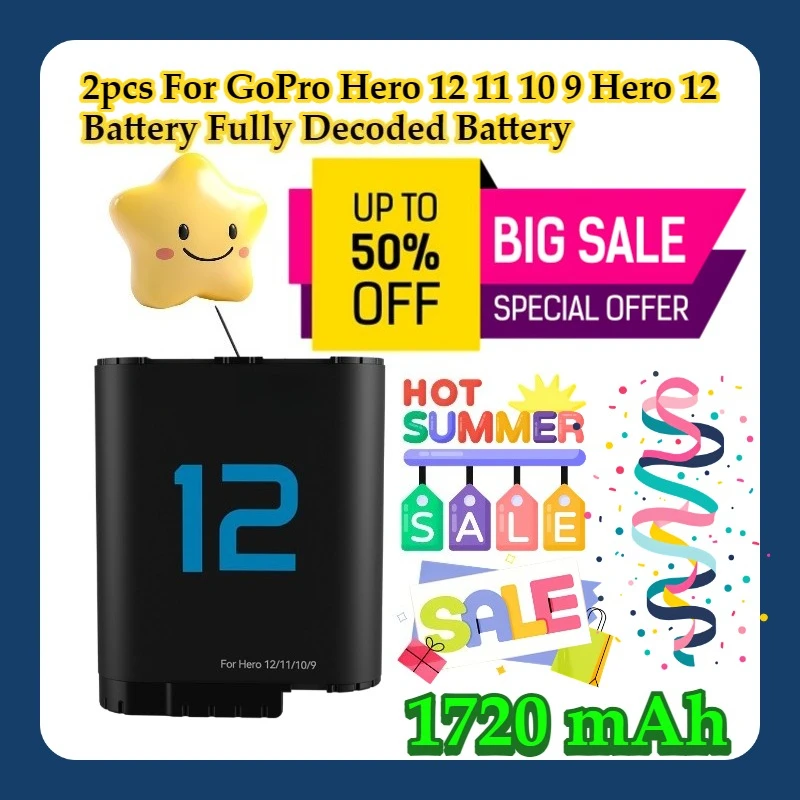 

2pcs For GoPro Hero 12 11 10 9 Hero 12 Battery 1720 mAh Fully Decoded Battery