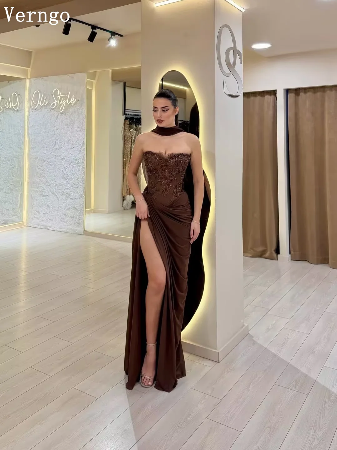 Verngo Brown Chiffon Evening Dress Sequined Strapless Mermaid Side Slit Prom Gowns Women Modern Party Dress Customized image 4
