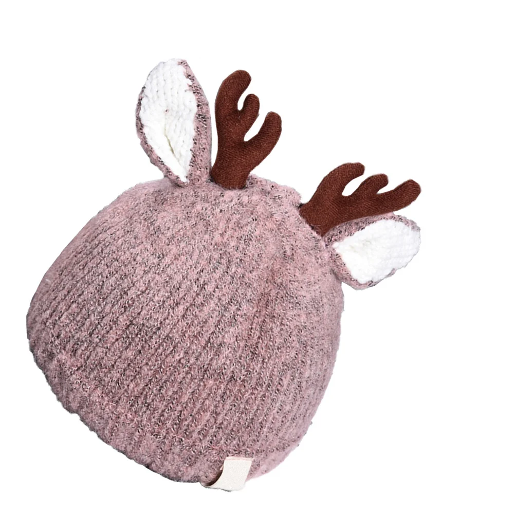 قبعة أطفال محبوكة من الصوف على شكل قرون وردي للخريف والشتاء بتصميم دافئ قابل للتمدد من عمر 0 إلى 3 سنوات قبعة عيد الميلاد