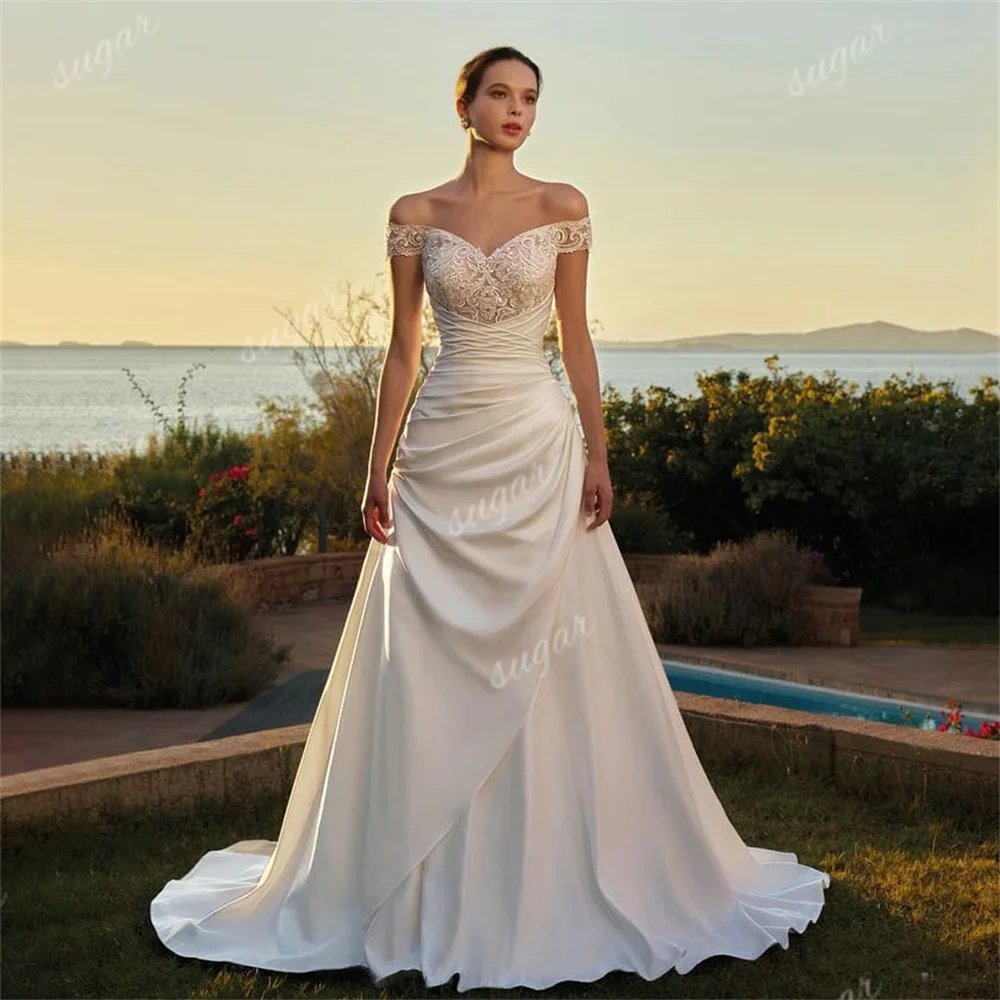 Vestidos de casamento brancos para mulheres, vestidos de noiva sexy fora do ombro, simples e elegante apliques de renda, vestido nupcial plissado