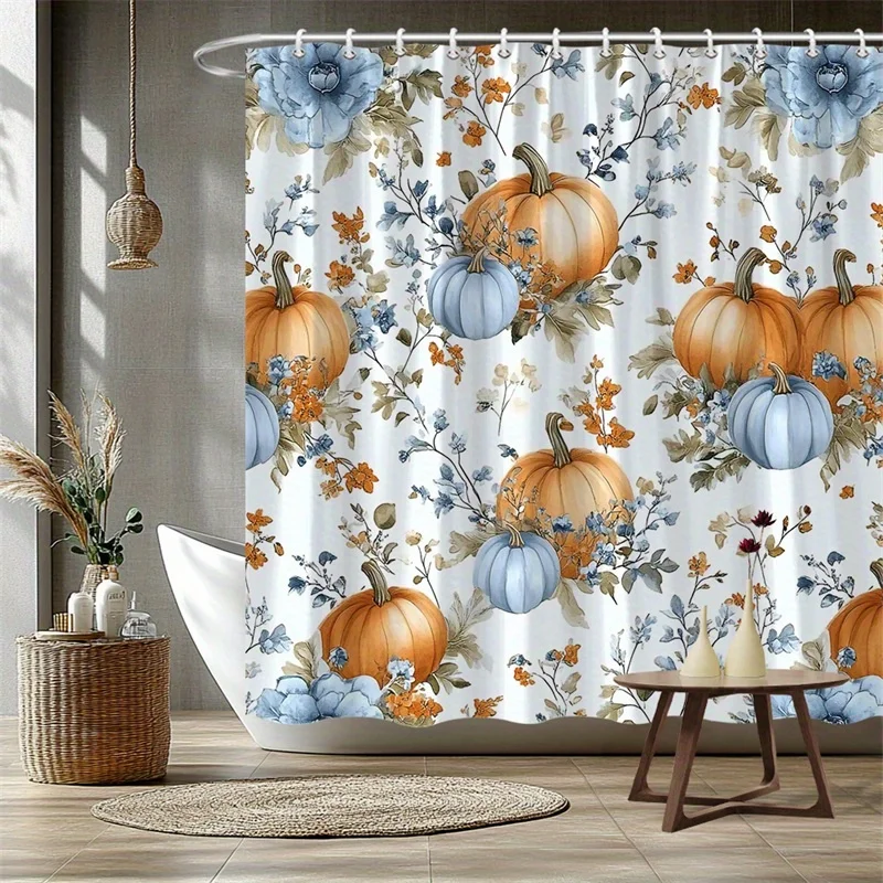 1PC Fall Pumpkin Floral Shower Curtain, Rustic Farmhouse Autumn Bathroom Decor, Blue White Watercolor Pumpkin Print, Polyester Bath Curtain with 12 Hooks, Machine Washable