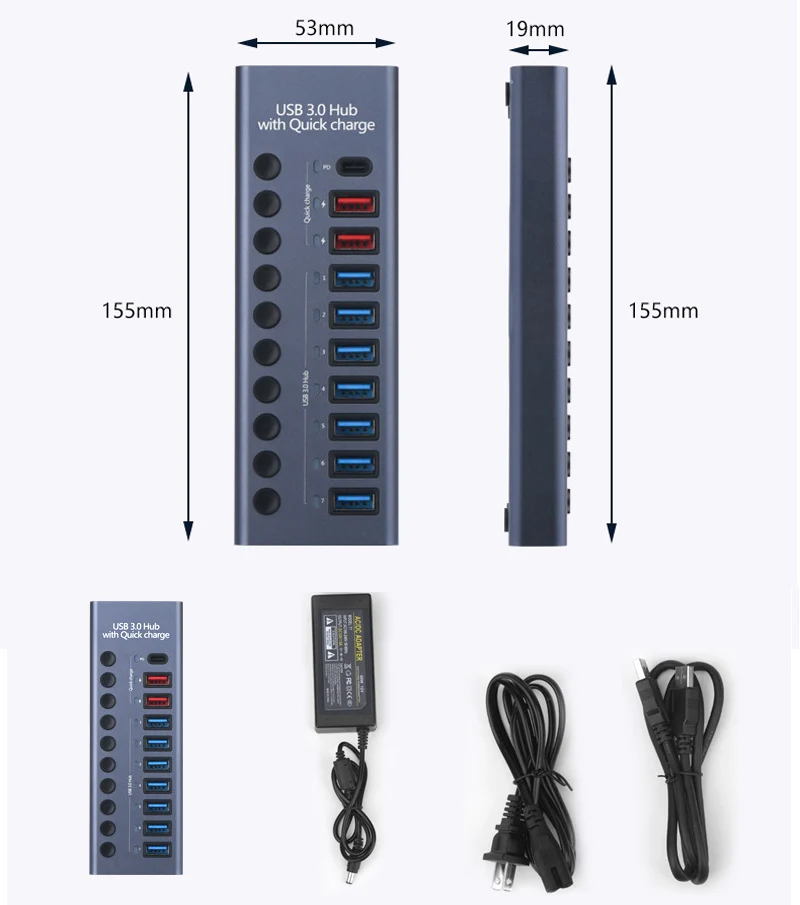 USB 3.0 Hub Socket Switch 10 Port Concentrator Multi-tap Multi-ports Docking Station Charger Multiple Power Supply Multicontacto