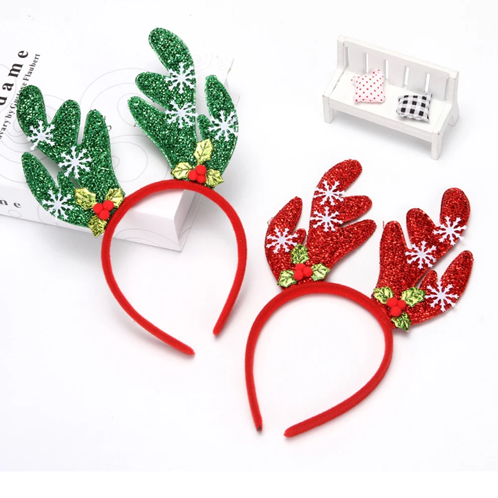 

2Pcs Christmas Antlers Headband Red Green Creative Snowflake Decoration Fancy Hairband for Party Christmas Hairband