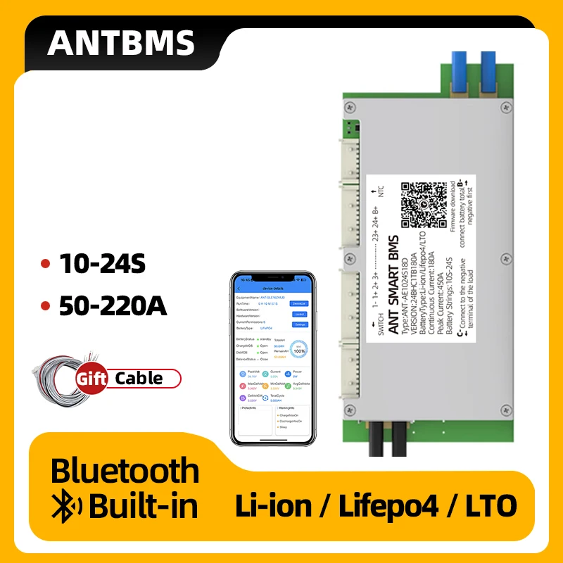 ANT Smart BMS 10S 12S 13S 14S 16S 20S 22S 24S Li-ion LiFePo4 LTO Battery 50A 120A 220A 550A Bluetooth Built-in Balance Board