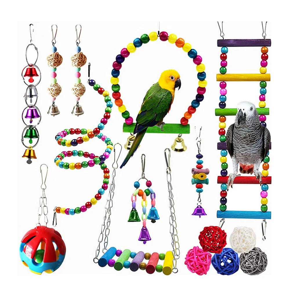 1 Set Parrot Bird Toys Wood Articles Bite Pet Bird Toys For Parrot Training Bird Toy Swing Ball Bell Standing Pet Supplies Set