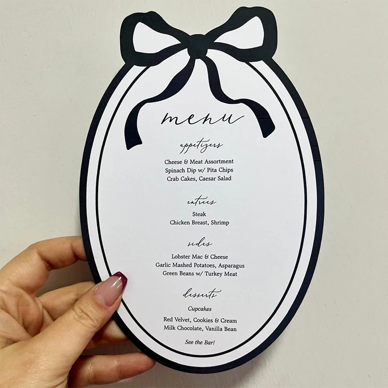 Tarjetas de menú de boda con lazo personalizadas, menús personalizados para mesas de recepción de cena, tarjeta de menú de cumpleaños para despedida de soltera