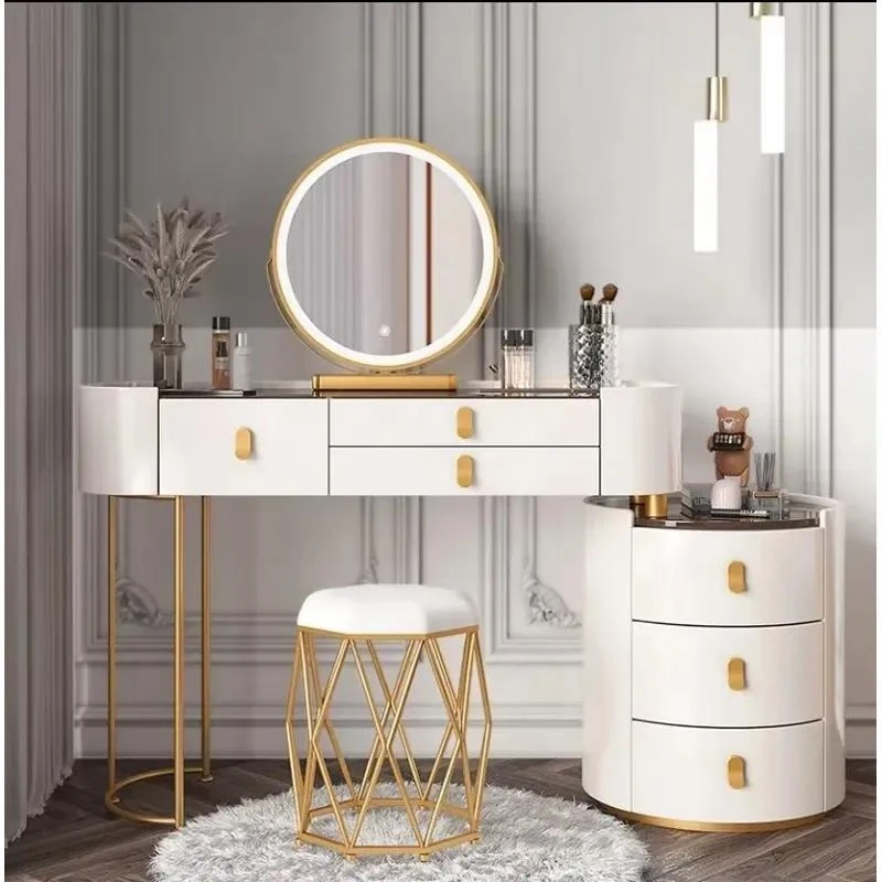 Luxury White Dresser with Illuminated Mirror and Chair for Bedroom Hotel Makeup or Bathroom Vanity Table Set