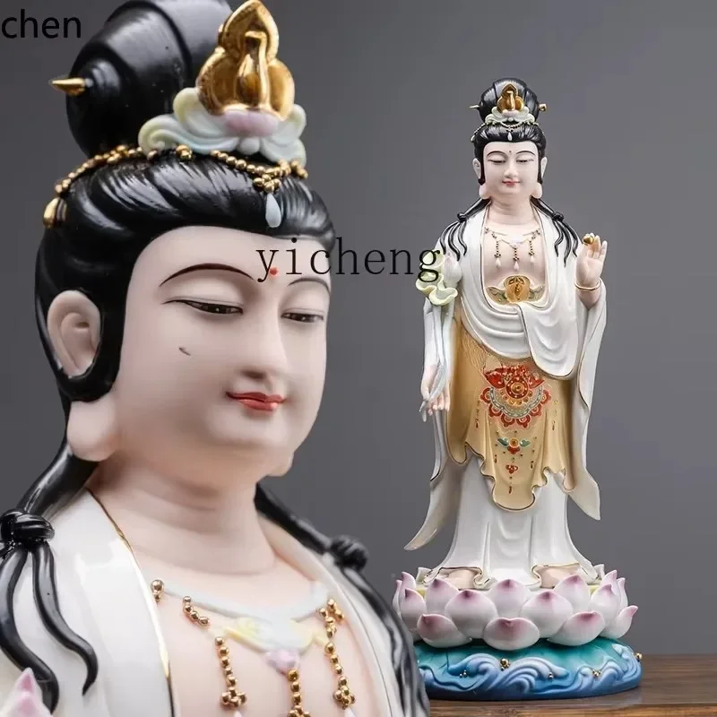 FX-1    Ceramic Standing Lotus Western Three Saints Buddha Statue Standing Buddha Amitabha Mahasthamaprapta Worship Ornament