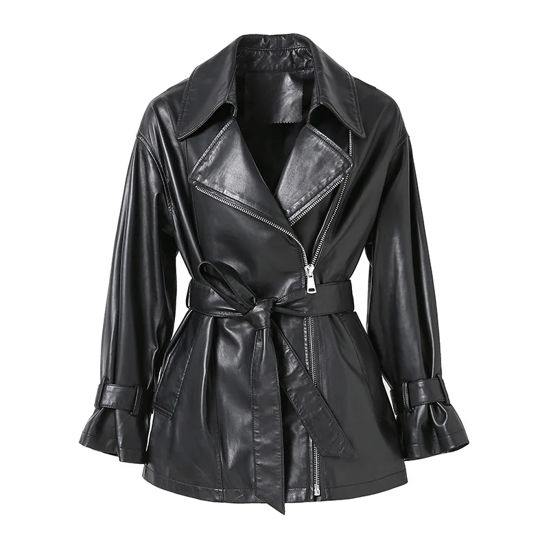 2023 Sheepskin Leather Jackets Women Soft Genuine Lambskin Coat With Belt For Spring Autumn