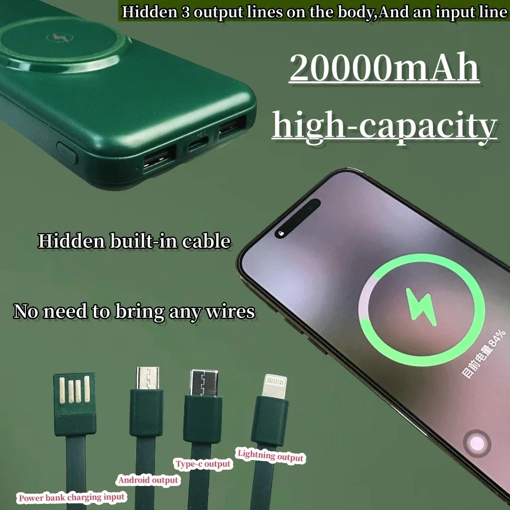 20000mAh Wireless Power Bank Built-in 4 Cables Powerbank Portable External Battery Charger For iPhone 12 Pro Xiaomi 10