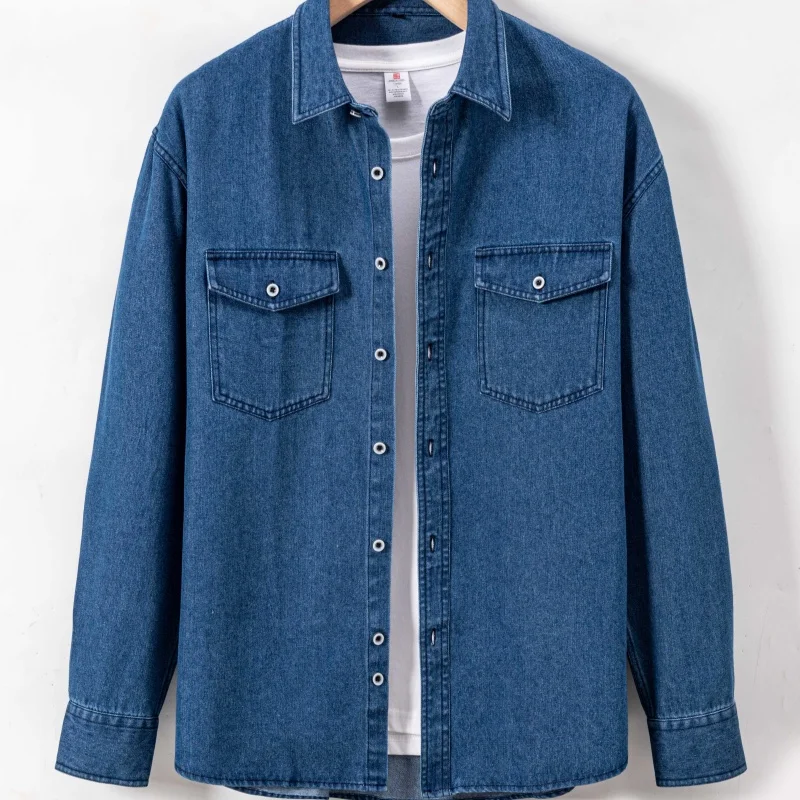 Pure Cotton Double-pocket Denim Long-sleeve Shirt Stylish Versatile Trendy Collared Shirt Casual Detailed Men's Sports Top