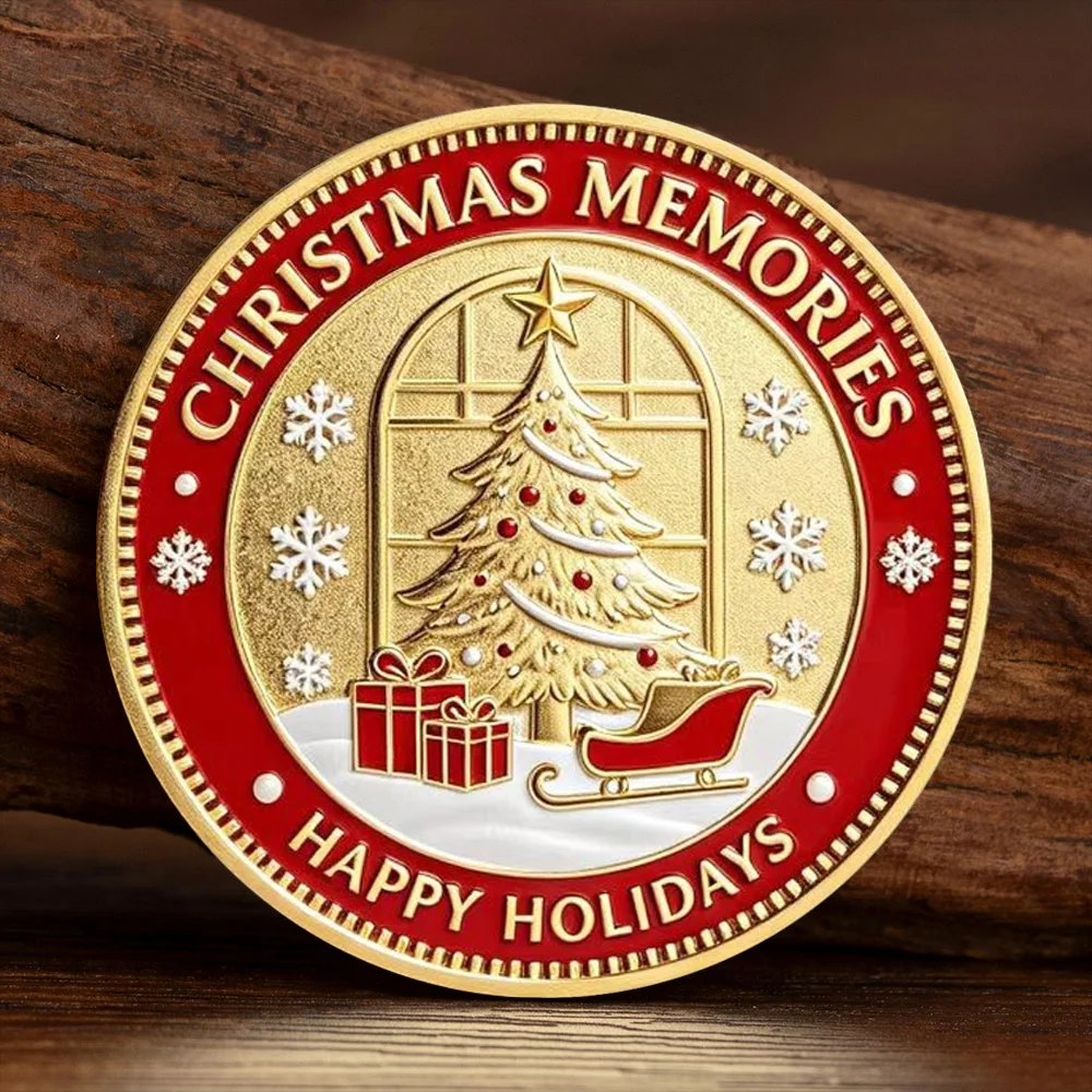 Christmas-themed Silvery Plated Souvenir Coin UV Color Printing of Santa Claus and Christmas Tree Festive Gift for Collection
