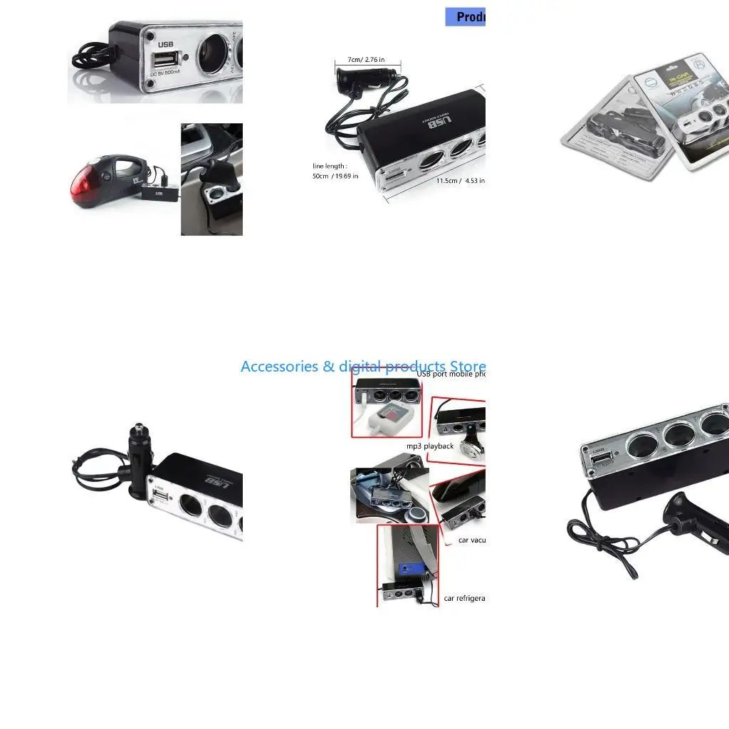 77JD ABS and Metal Construction Car Accessory Converting Single Cigarettes to 3 Outlets USB Power for Devices