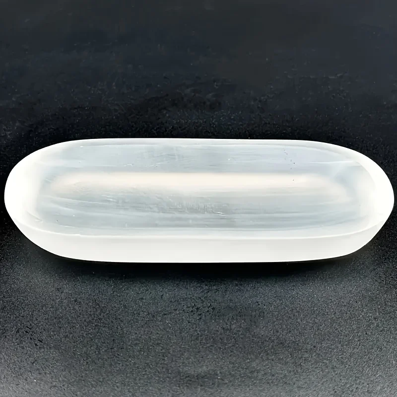 1pc Selenite Bowl Plate Ornament, Irregular Oval Carved Quartz Crystal, Crystal Storage Decoration, Gift for Friend Crystal view 2