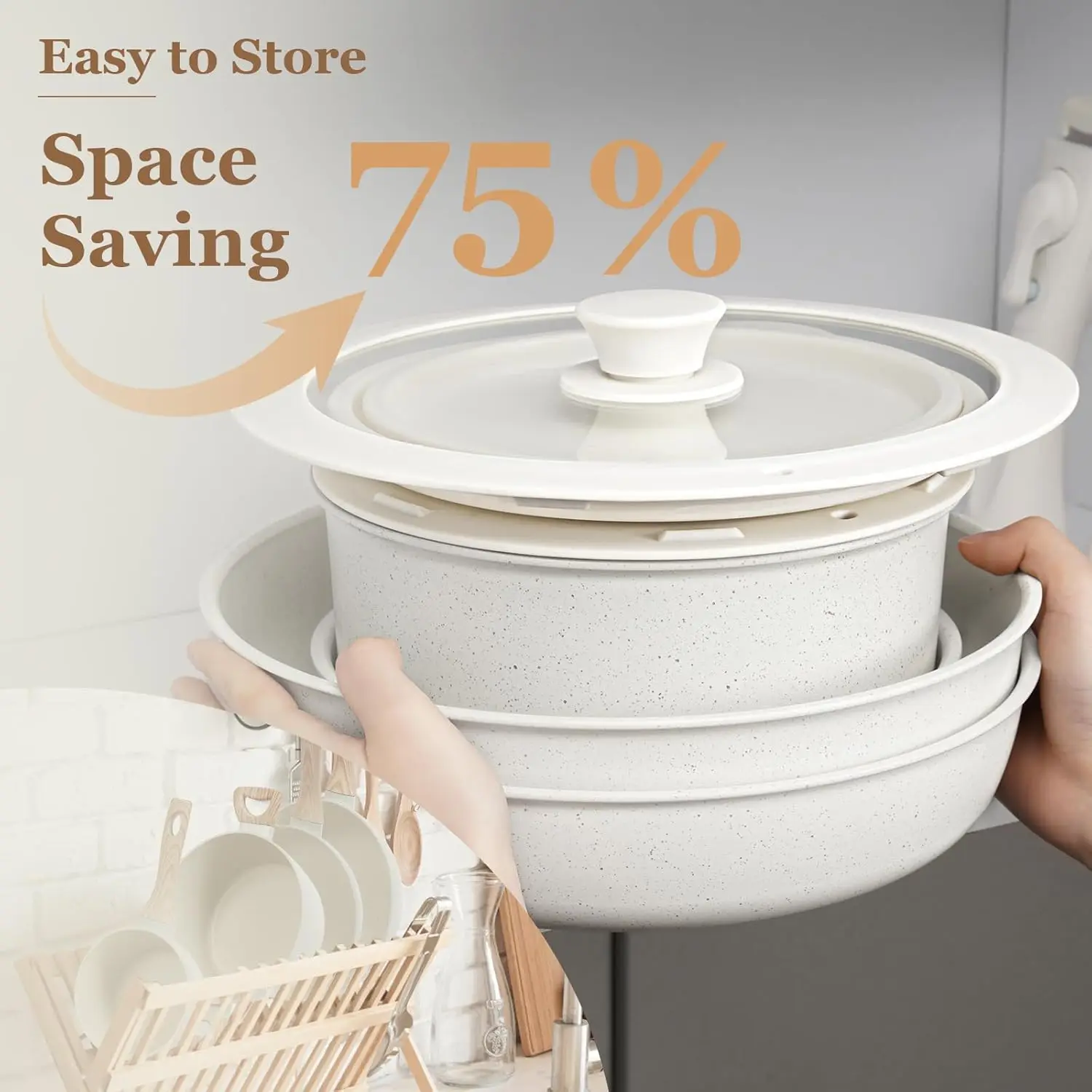 Hot-Selling White Ceramic Aluminum Nonsticking Cookware Set Fry Pan with Detachable Handle Glass Lid Pans Pots For Cooking