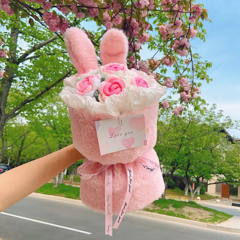 Hand Knitted Flower Plush Stuffed Doll Bouquet Cute Rabbit Ear Flowers Gift Box Rose Flower Cartoon Bouquet Valentine Day Birthd