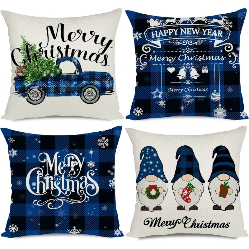 

Christmas pillowcase 4 piece set blue decoration outdoor farmhouse buffalo plaid truck Gnome