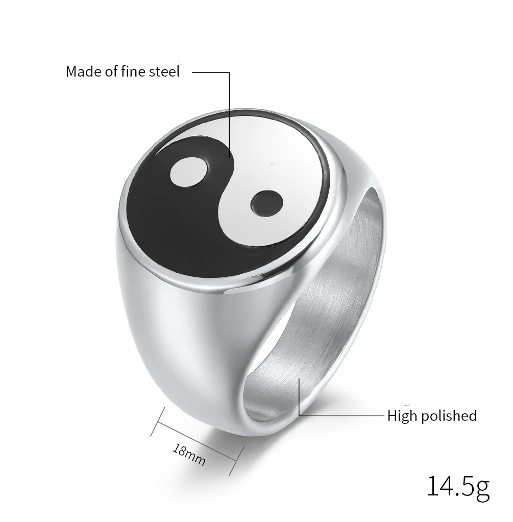 Chinese Style Taoism Yin Yang Rings Gossip Taiji Diagram Ring for Men Stainless Steel Jewelry