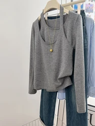 Fake Two-piece Knitted Tops Solid Color Long Sleeve Halter Knit Tops Women Autumn New Korean Style Slim Sweater Female Tops