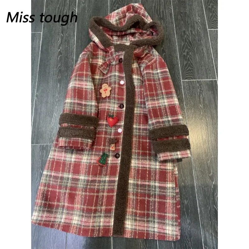 

Рождественское теплое шерстяное клетчатое пальто, женское плотное уличное однобортное пальто, новые зимние шикарные шерстяные корейские куртки