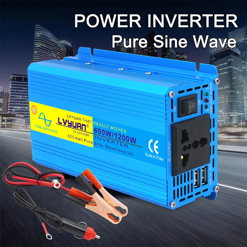 Pure Sine Wave Inverter 12V/24V to AC110V/220V Converter Power Supply Peak Power 1000W 1200W 2000W Home Outdoor UN US EU Socket