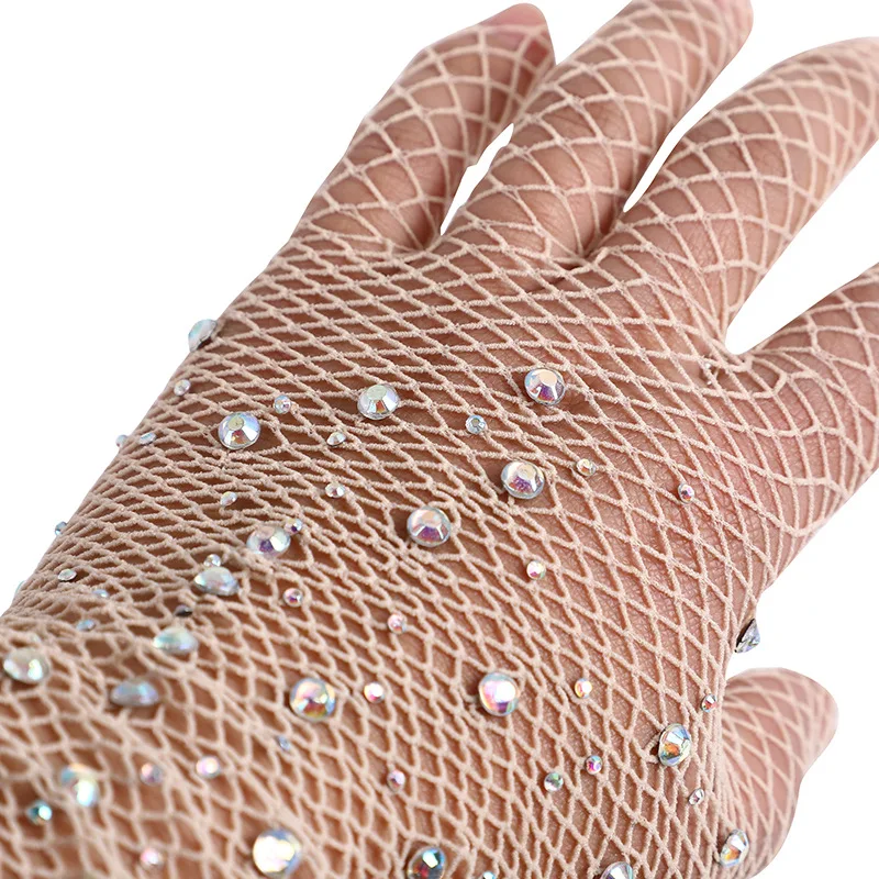 Bridal Gloves Wedding Bridal Shiny Rhinestones Gloves Nude Black Vintage Stretch Mesh Full Finger Elbow Length Party Accessories