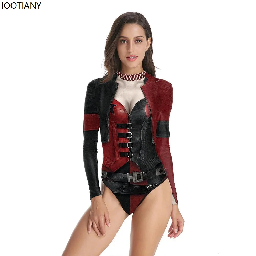 

IOOTIANY Policewoman Printed Women One-Piece Swimsuit Summer Casual Long Sleeve Beachwear Bathing Suit Sexy Rave Tight Swimwears