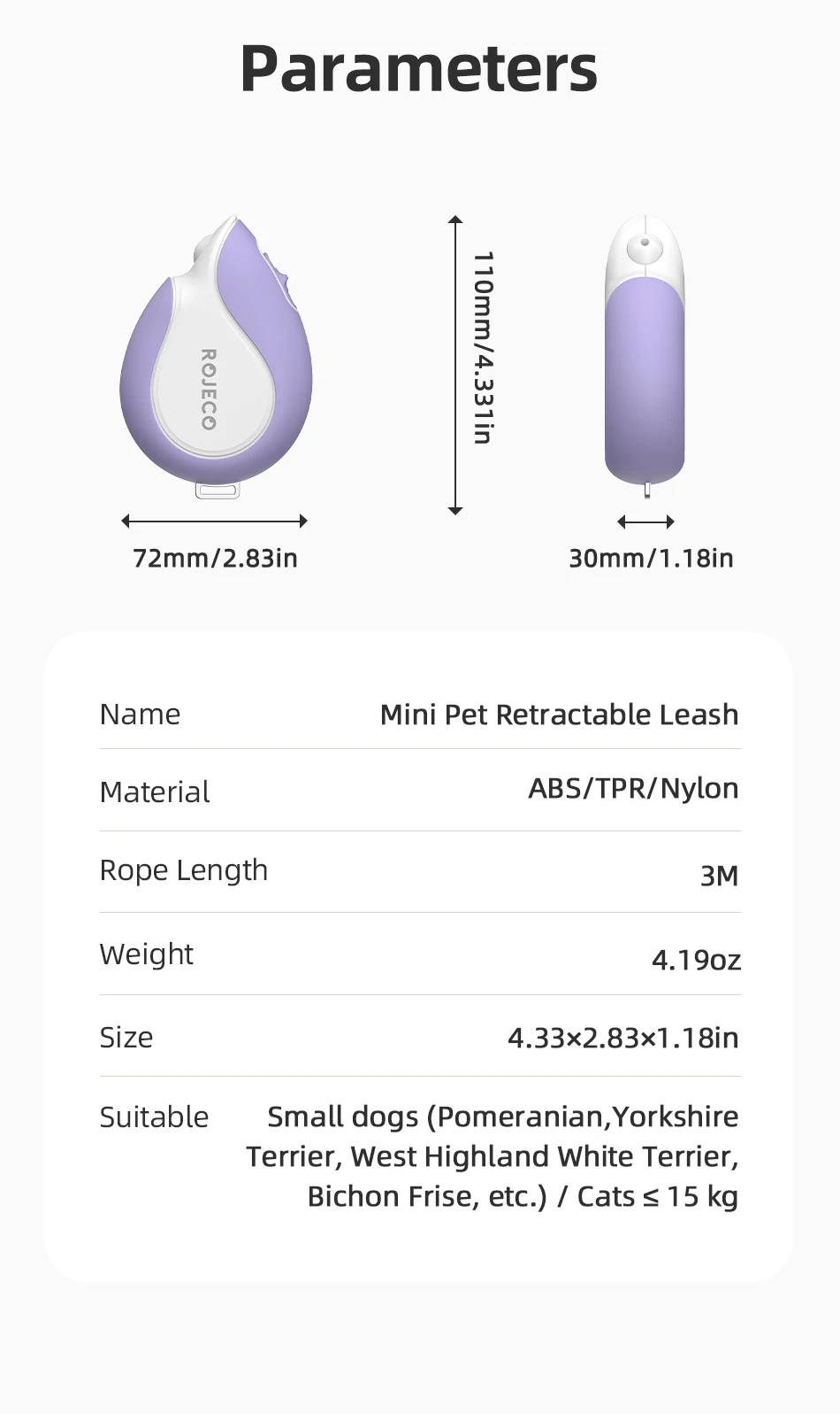 ROJECO Mini automatische einziehbare Hundeleine, 3 m ausziehbares Seil für Outdoor-Reisen, Wandern, Haustier, Katze, Hunde, Zugseil – Detail 12