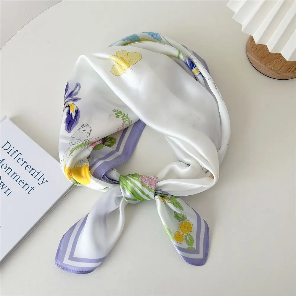 

Fashion Floral Print Neckerchief Satin Silk Sun Protection Women Head Scarf Square Shawl Wraps Female Bandana