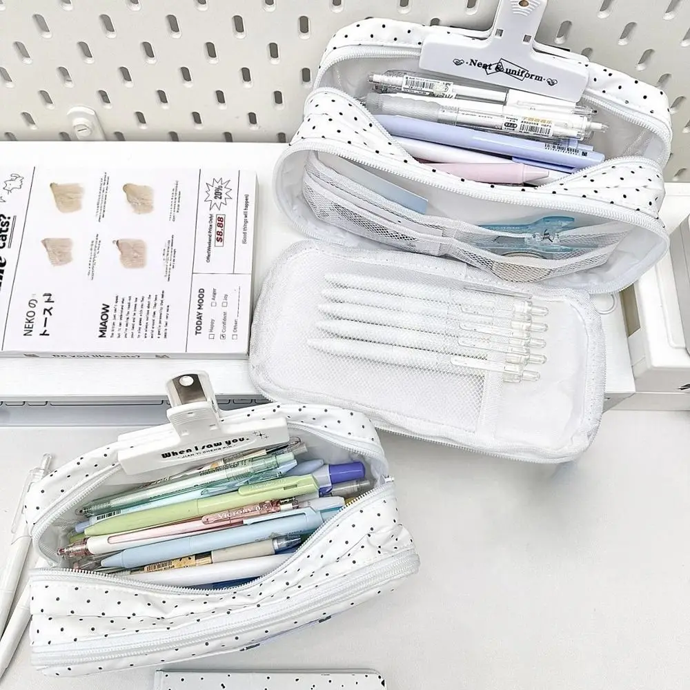 다기능 블랙 폴카 도트 펜 가방 다층 휴대용 편지지 파우치 대용량 펜 상자 학생 선물