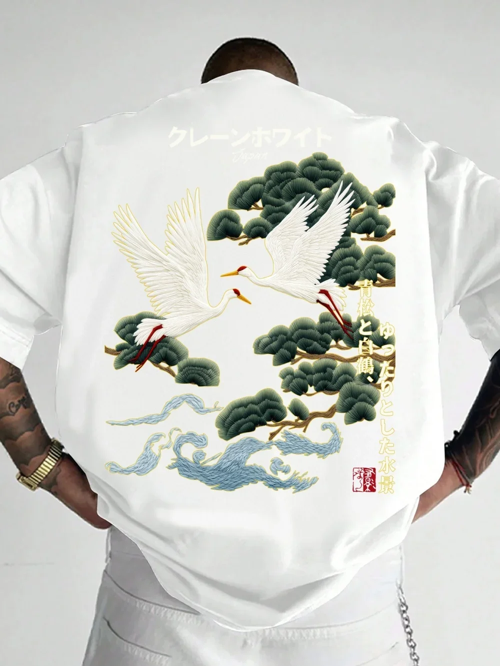 Mens Crane Pine Tree 3D Print T-Shirt Oriental Aesthetic Fashion Harajuku Tee Comfortable Casual Street Short Sleeve Shirt Man