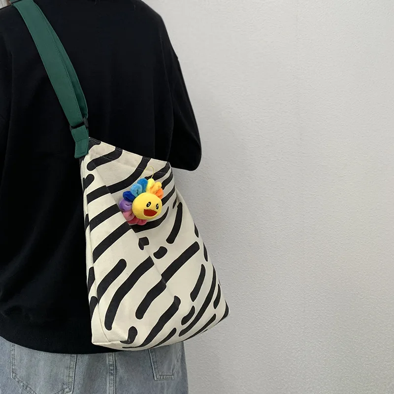 Bolsa de ombro feminina, estampa com listras zebra, bolsa casual feminina, sacola de grande capacidade, reutilizável, algodão, praia, compras