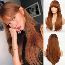 Red Brown Synthetic Wig for Women Long Straight Copper Ginger Wig with Bangs Cosplay Heat Resistant Natural Hair