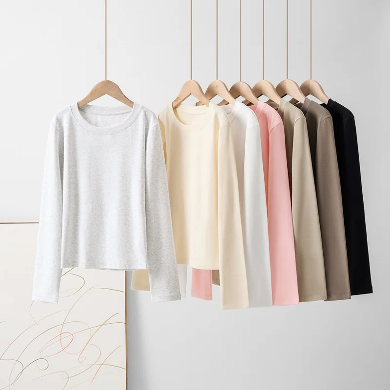 New Women Heavy-weight Long-sleeve T-shirt Spring Autumn Slim Figure Girl Solid Color Round-neck Stretch Fitted Top Lady Basic